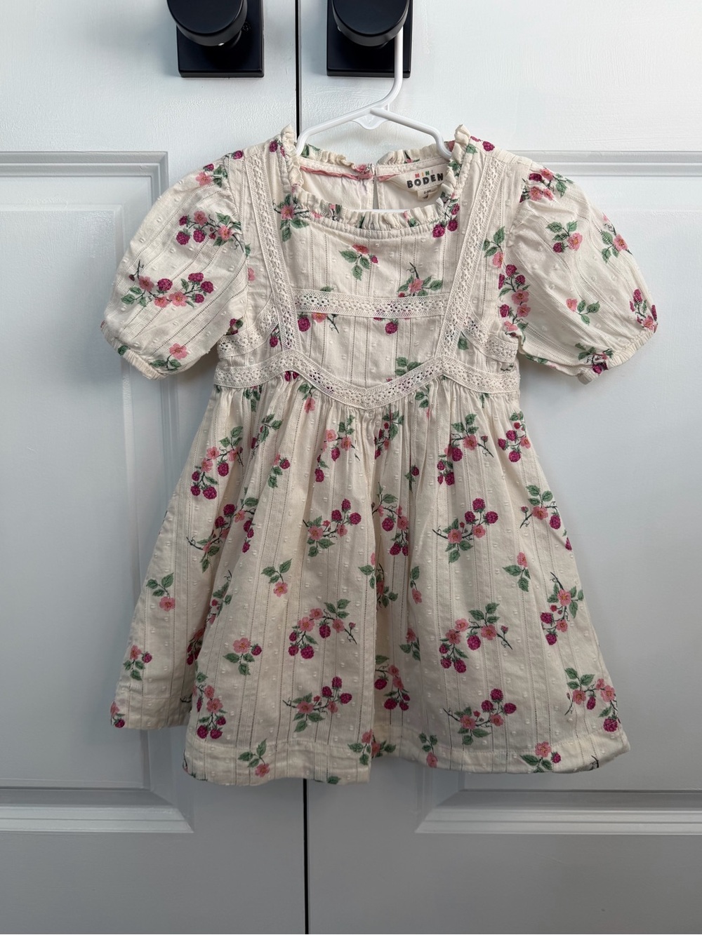 Mini Boden Girls Embroidered Lace Cotton Dress Cream Pink Floral Size 2-3T